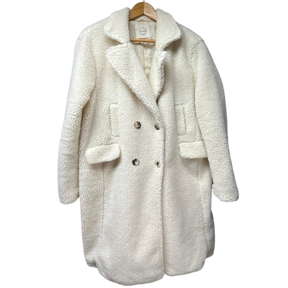 Stoosh Ivory Teddy Sherpa Long Coat Size Medium Fleece Double Breasted Soft Cozy